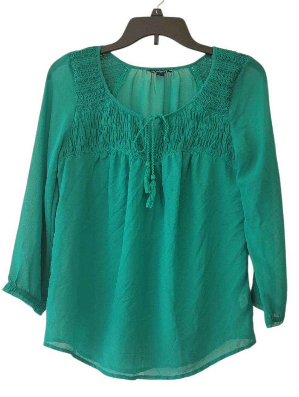 American Eagle Green 3/4 Sleeve Sheer Peasant Blouse Size S